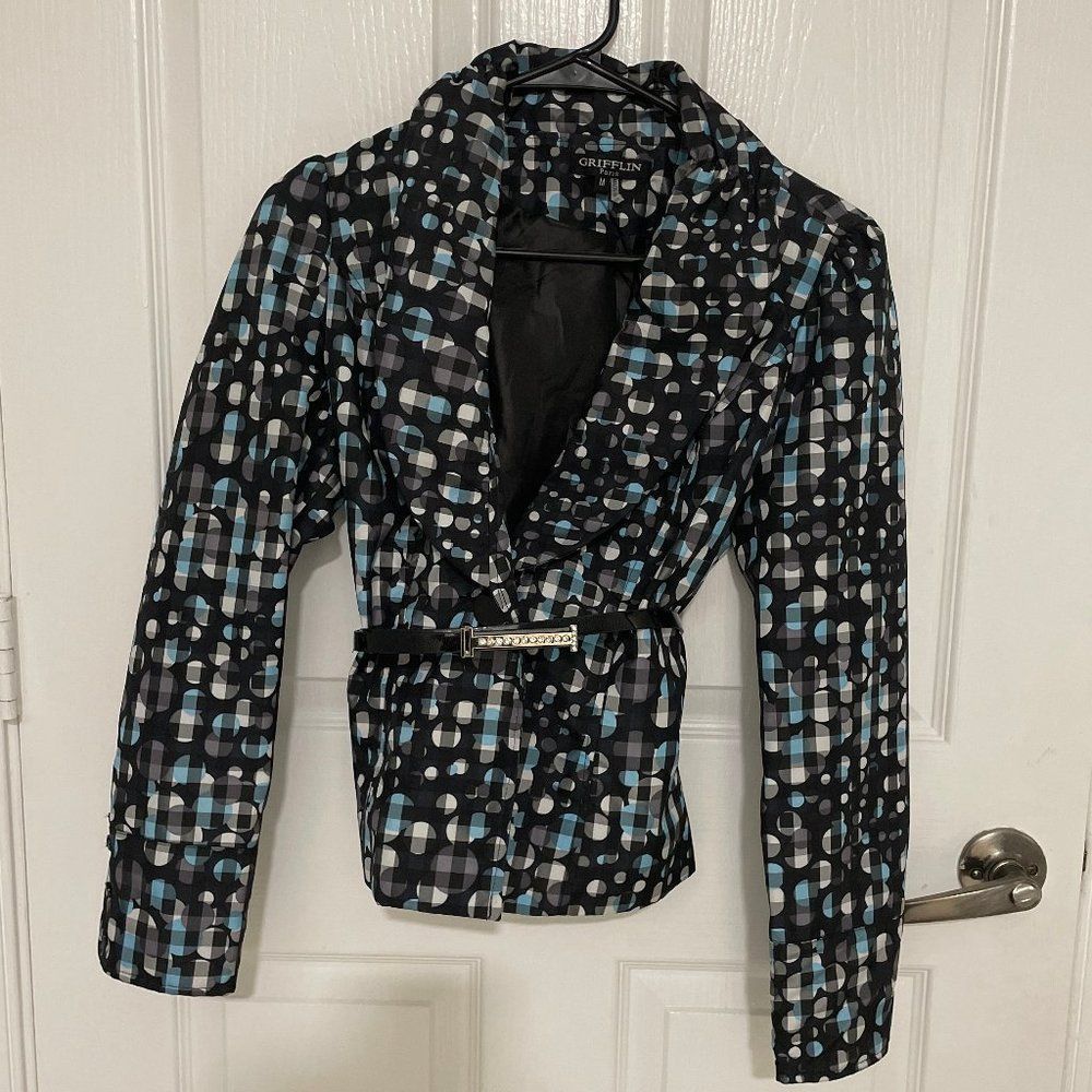 Griffin Paris Women's Belted Geometric Print Blazer Size M Black Blue